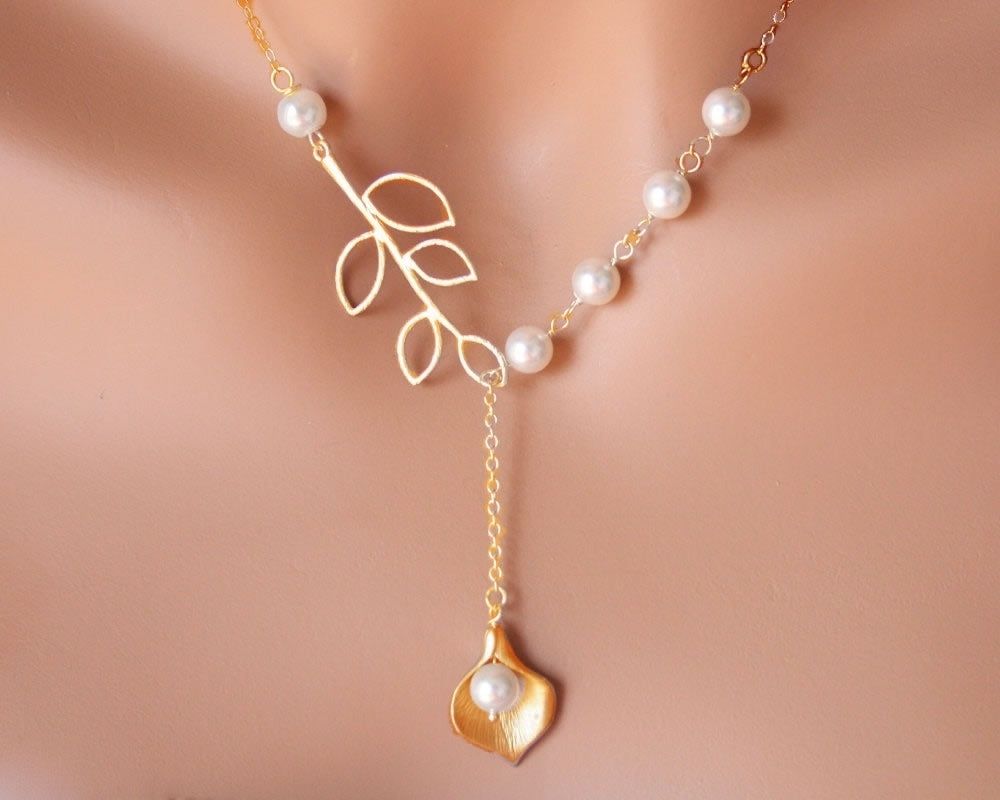 Pearly Lily Lariat Necklace in Sterling Silver and Real Pearl - Gee-Commerce, LLC