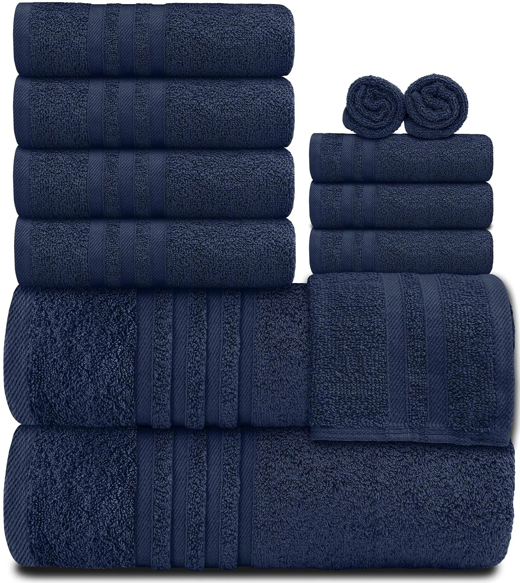 12 Piece Bath Towel Set for Bathroom Wealuxe Collection 2 Bath Towels 4 Hand Towels 6 Washcloths 100% Cotton Soft and Plush Highly Absorbent Soft Towel for Hotel & Spa Navy Blue Wealuxe