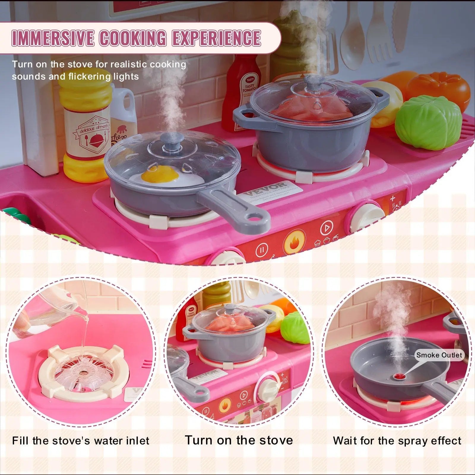 VEVOR Kitchen Playset Kids Pretend Cooking Play Toy 48 Piece Accessories Pink - Gee-Commerce, LLC