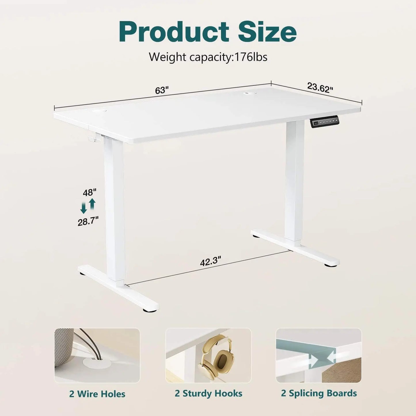 Electric Height Adjustable Standing Desk, Sit or Stand Ergonomic Computer Desk, White,63'' x 24" Doba