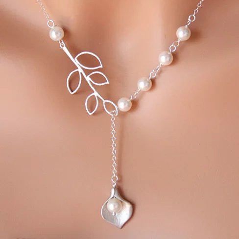 Pearly Lily Lariat Necklace in Sterling Silver and Real Pearl - Gee-Commerce, LLC