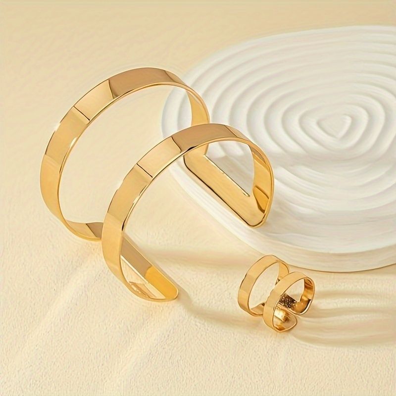 14K Gold Plated Cuff Bangle and  Ring Set - Minimalist Style Doba