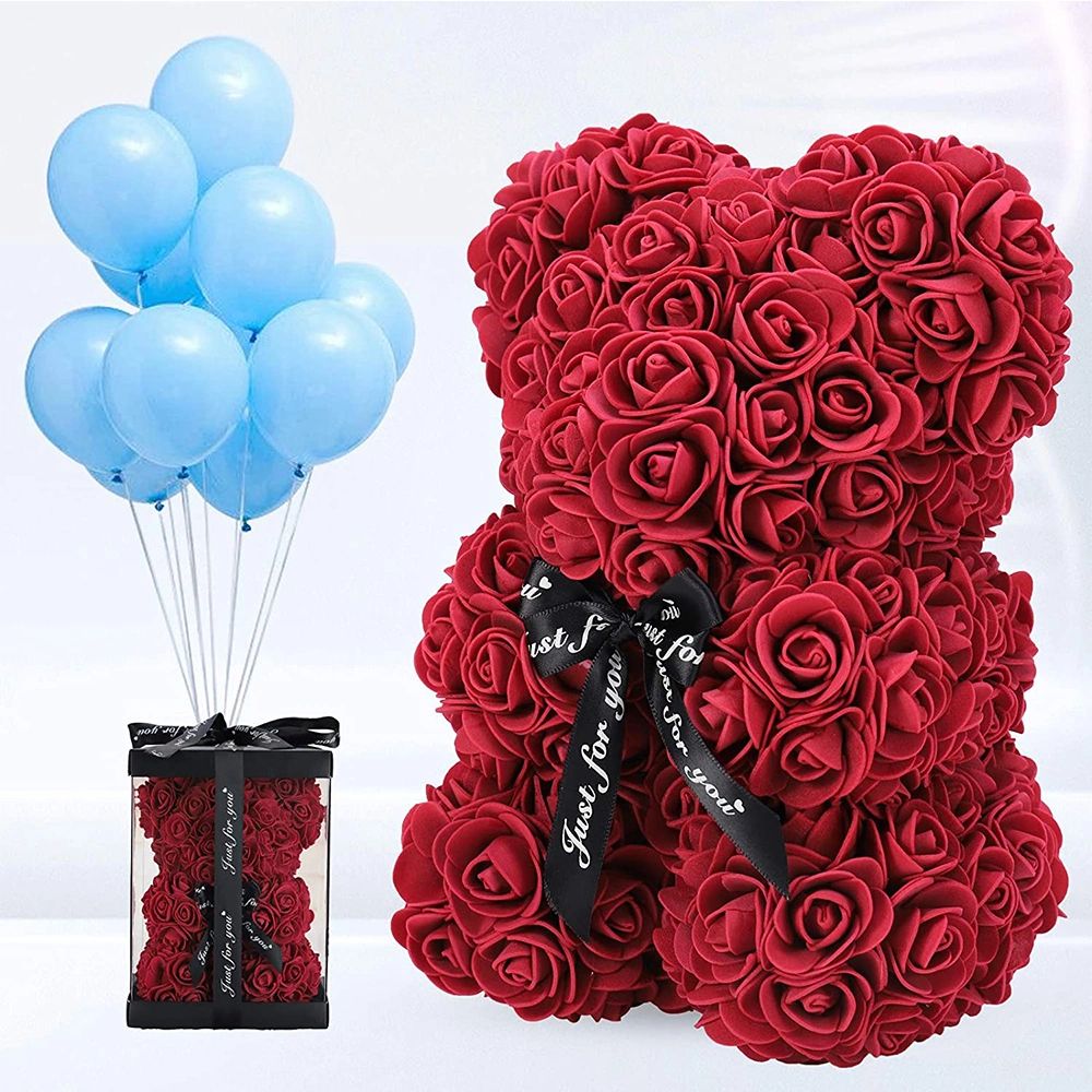 Gifts for Women - Rose Bear - Rose Flower Bear Hand Made Rose Teddy Bear - Gift for Valentines Day;  Mothers Day;  Wedding and Anniversary & Bridal Showers - w/Clear Clear Gift Box 10 Inch (Red) - Gee-Commerce, LLC