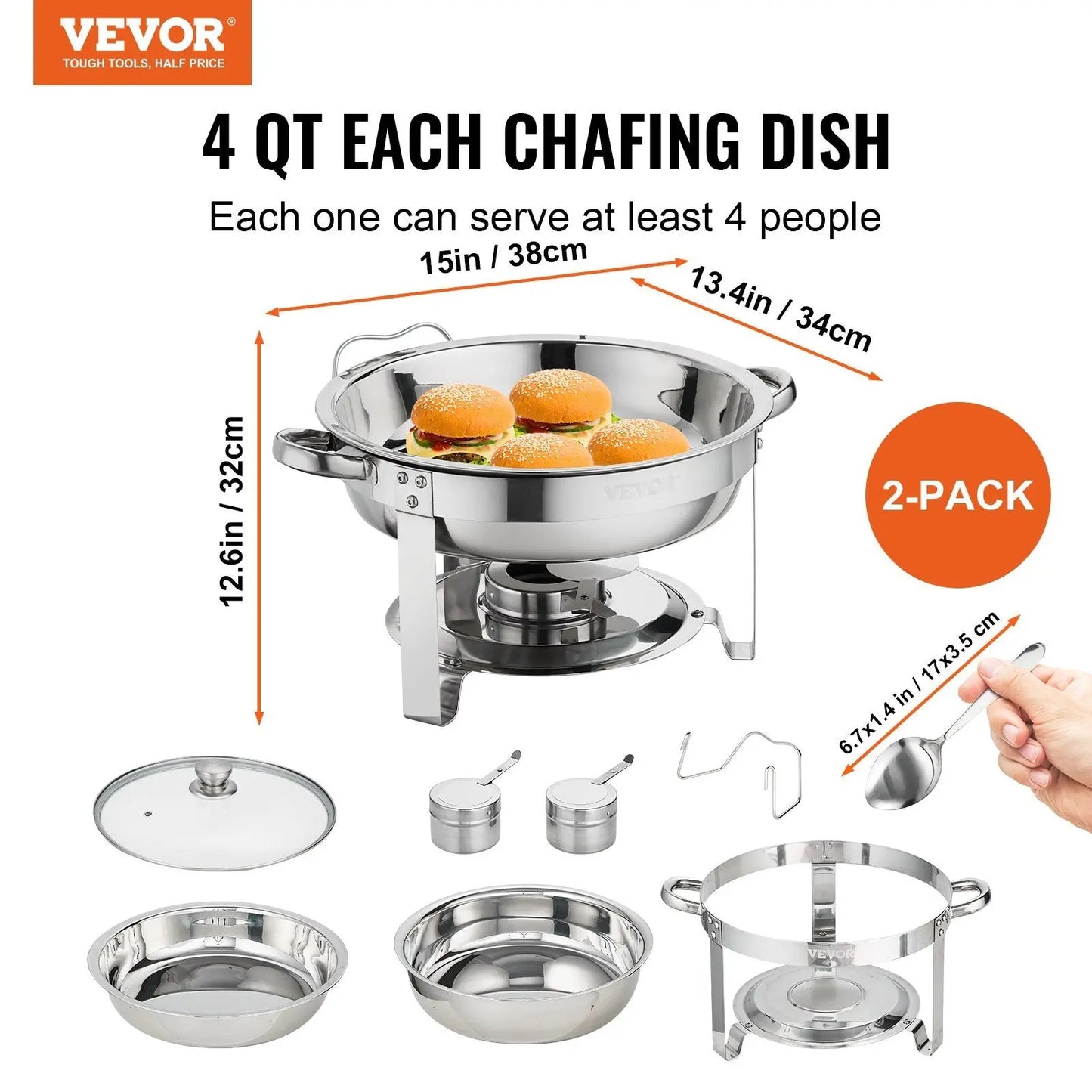 VEVOR 2-Pack Round Chafing Dish Set with Full-Size 4Qt Pan Glass Lid Fuel Holder VEVOR