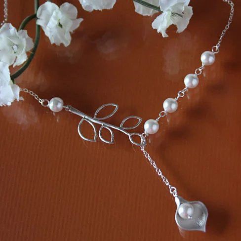 Pearly Lily Lariat Necklace in Sterling Silver and Real Pearl - Gee-Commerce, LLC