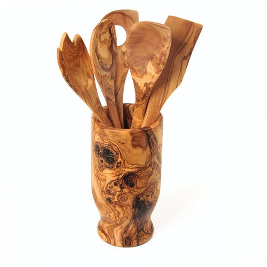 Olive Wood Kitchen Servers Set w/Holder -6 Pcs Doba