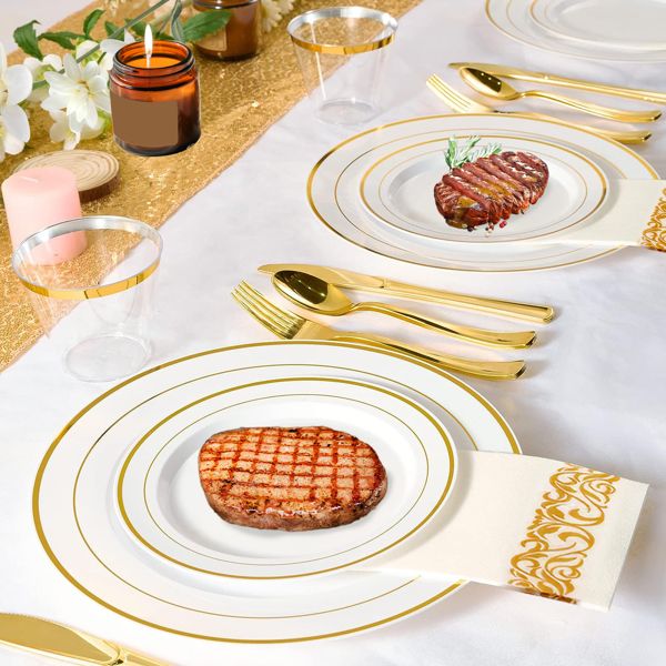 175Pcs Disposable Gold Dinnerware Set Gold Rim Plastic Plates Cups Fork Spoon Knife Paper Napkins for Party Wedding Graduation Doba