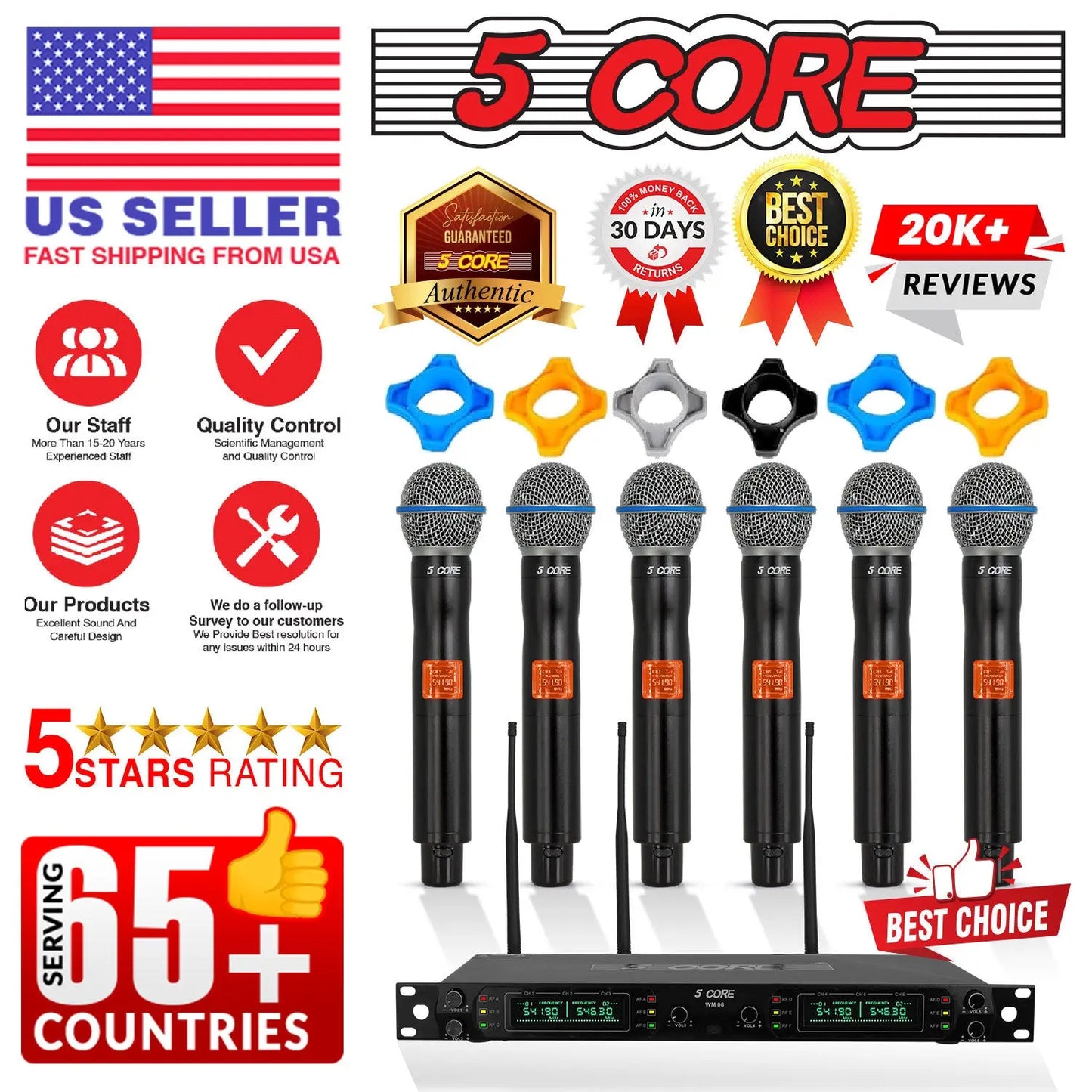 5 Core Wireless Microphones 8 Channel Dynamic Professional UHF Singing Mic System 5 Core