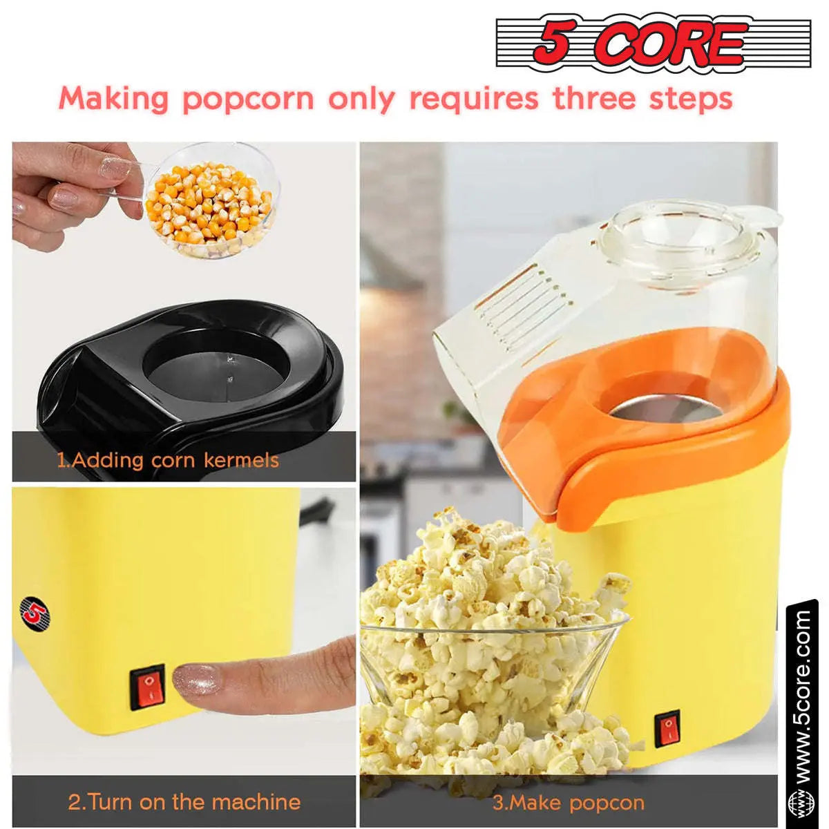 5 Core Popcorn Machine 16 Cup Capacity Hot Air Popper 5 Core