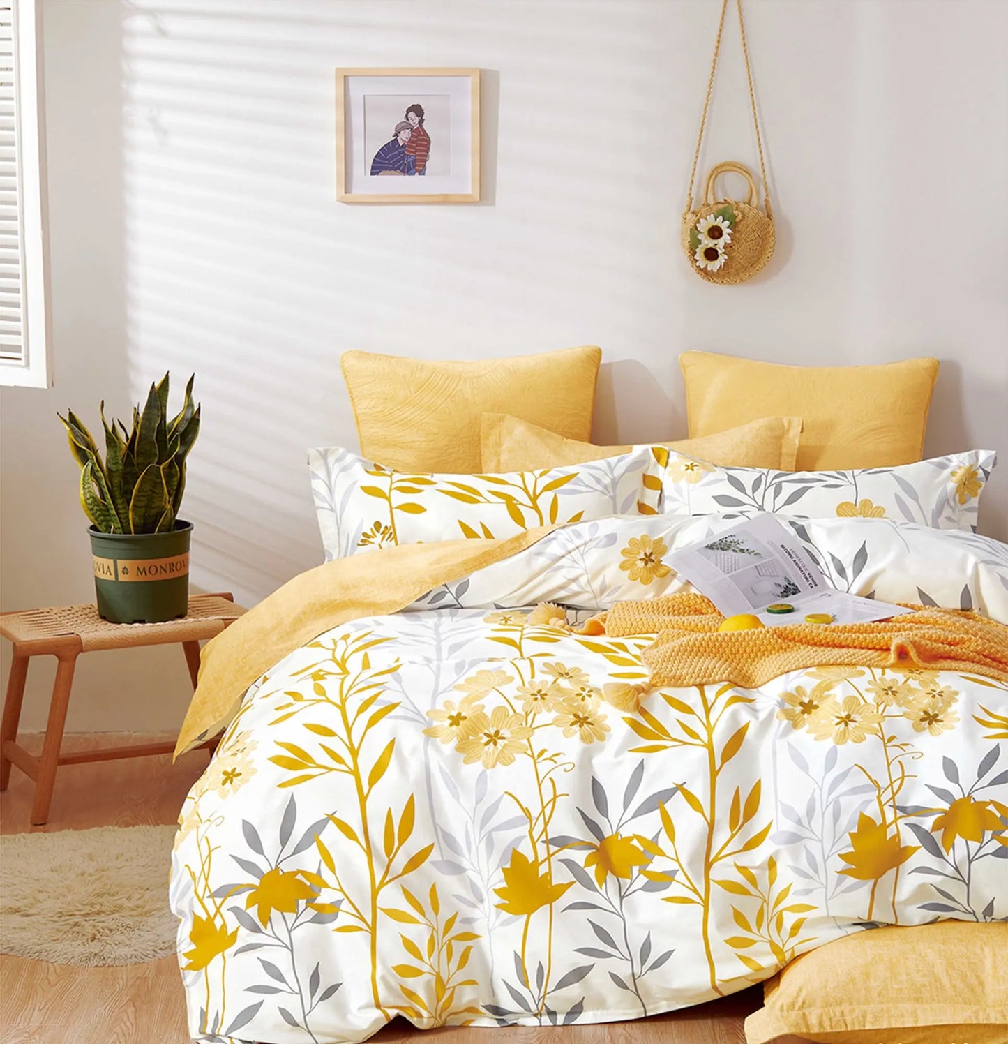 Autumn Yellow Floral 100% Cotton Reversible Comforter Set Say Yes Bedding