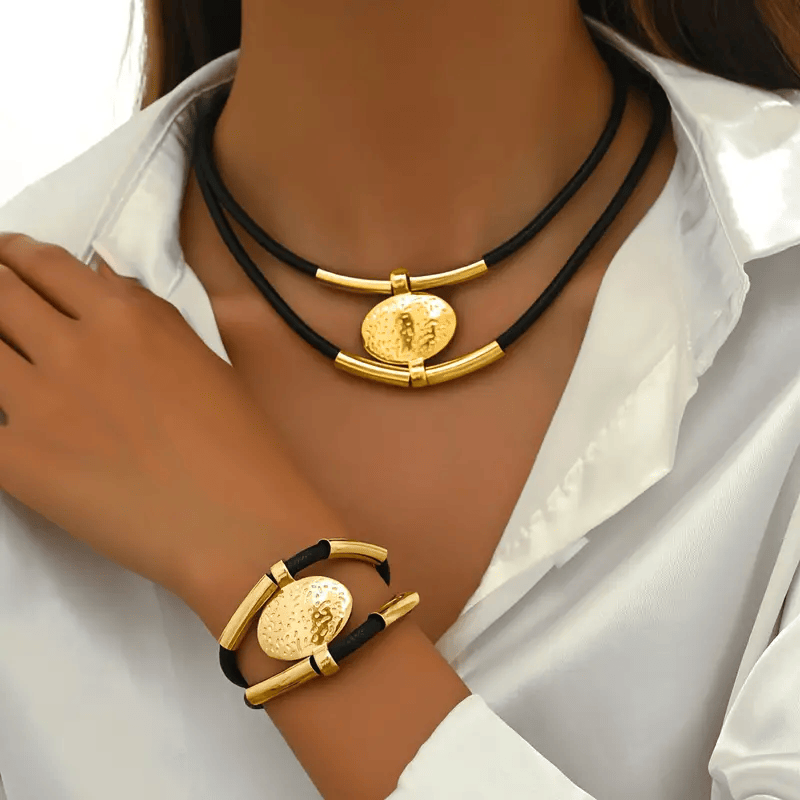 Golden Elegance: 14K Gold-Plated  Jewelry Set with Black Cords Doba