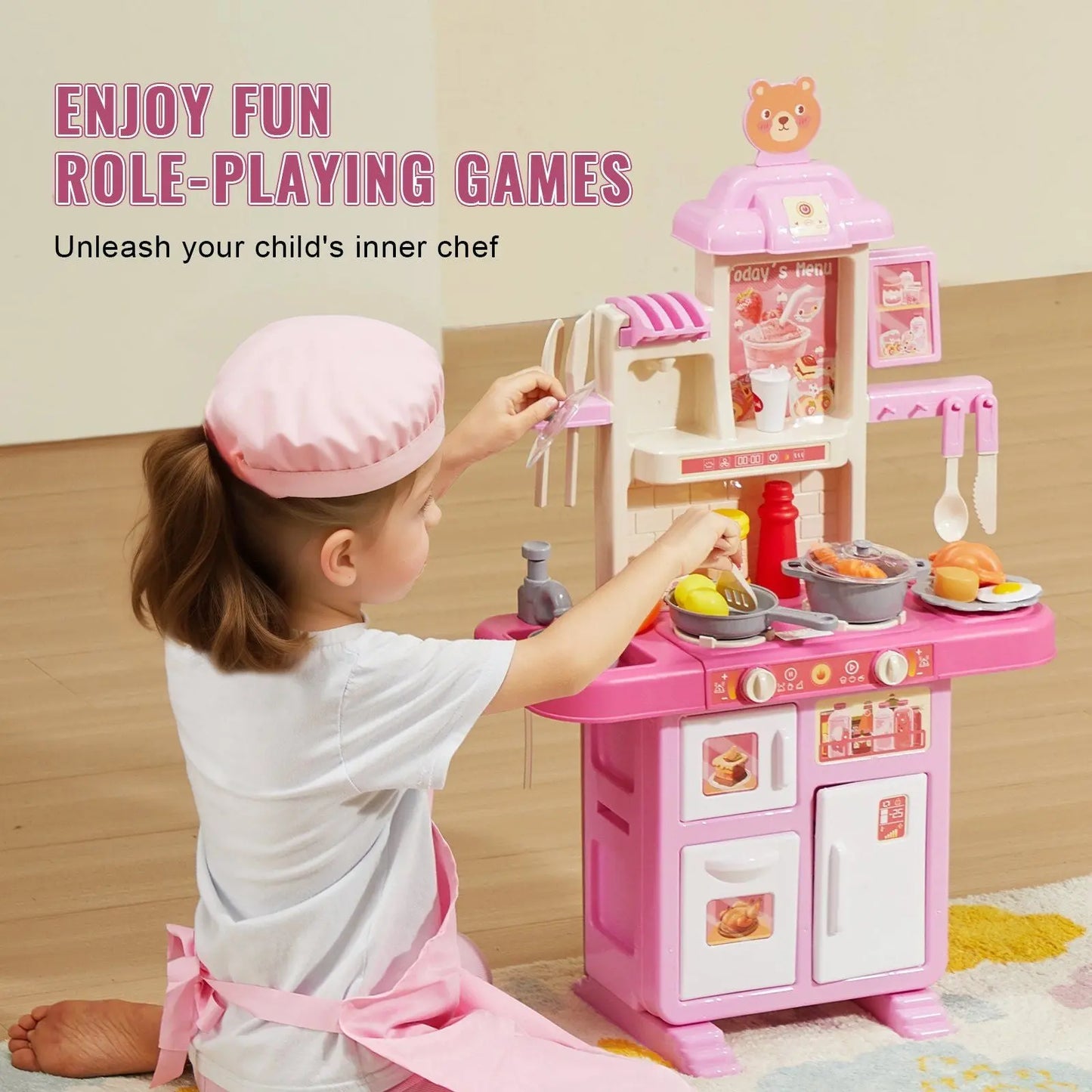 VEVOR Kitchen Playset Kids Pretend Cooking Play Toy 48 Piece Accessories Pink - Gee-Commerce, LLC