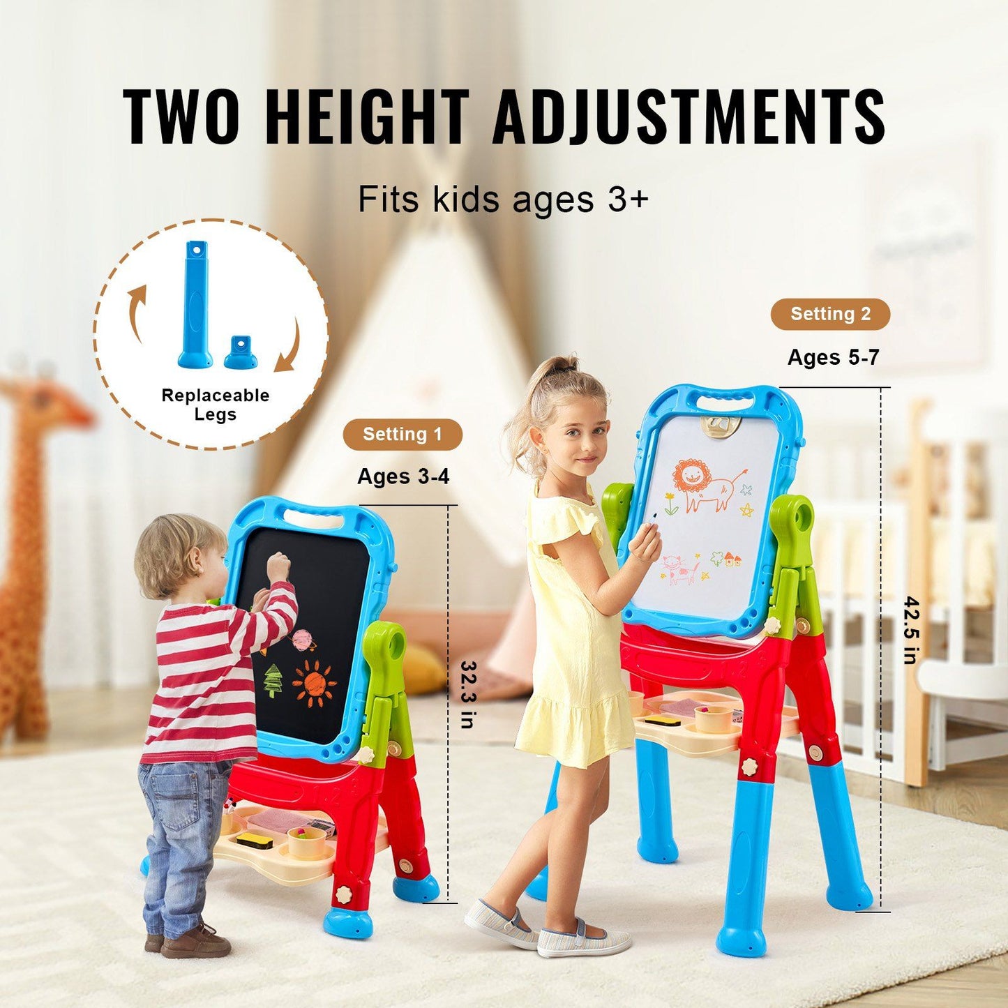 VEVOR 2-in-1 Kids Art Easel Double-Sided Magnetic Whiteboard Chalkboard Rotating