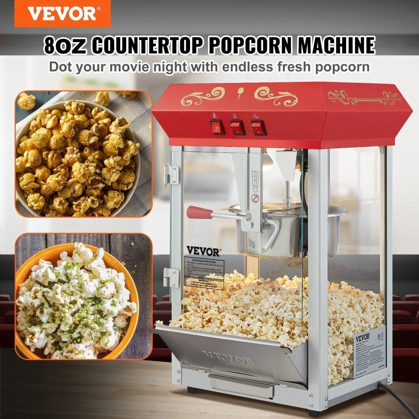 VEVOR Popcorn Popper Machine 8 Oz Countertop Popcorn Maker 850W 48 Cups Red VEVOR