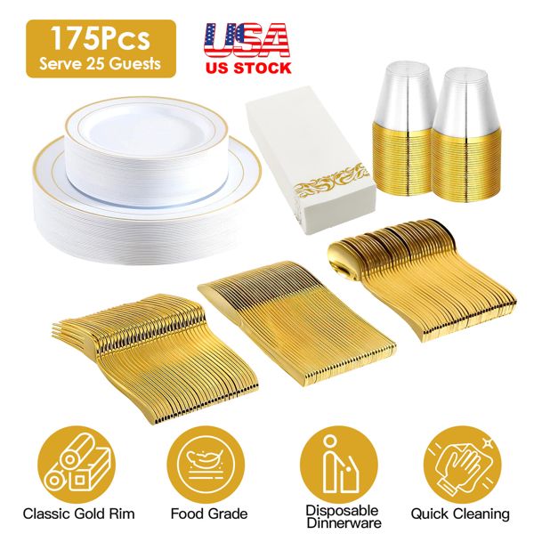 175Pcs Disposable Gold Dinnerware Set Gold Rim Plastic Plates Cups Fork Spoon Knife Paper Napkins for Party Wedding Graduation Doba