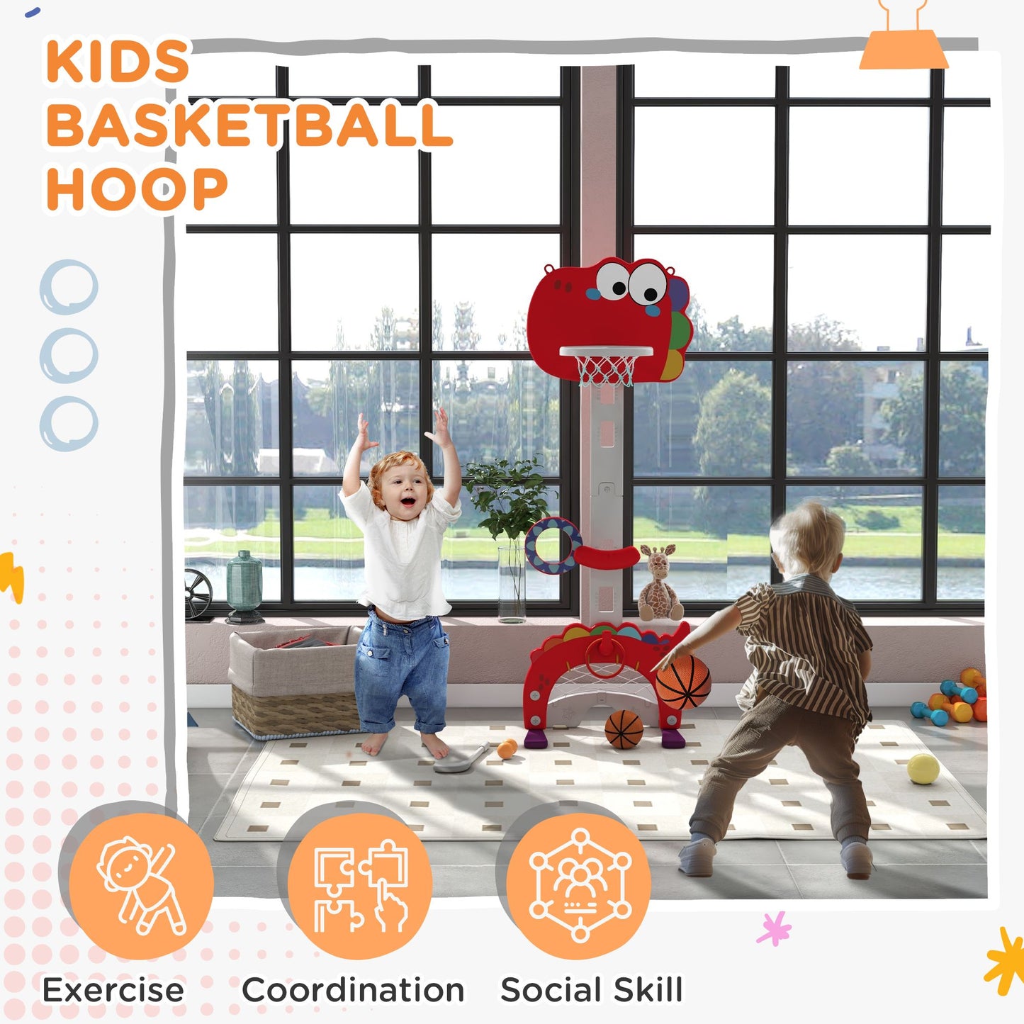 Kids Indoor Basketball Hoop with 5 Level Adjustable Height Basketball Goal, 5-in-1 Ball Game for Boys Girls(Ages 3-6)